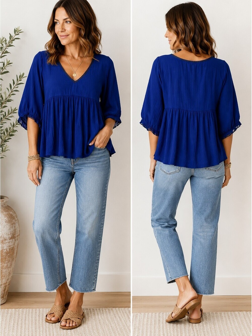Sundance Woman's Lg Blue Cotton Babydoll Peasant Blouse V Neck Boho Flowy Top